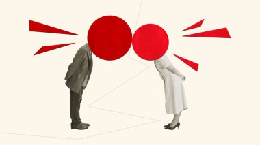 Contemporary art collage. Man and woman with blank space bubbles instead head quarrelling over light background. Misunderstanding. Concept of vintage retro style, surrealism, imagination, ad.