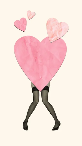 Contemporary Art Collage Female Legs Black Stockings Heart Shape Instead — Stockfoto