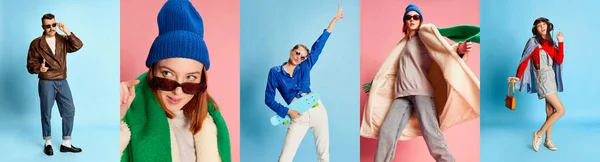 Collage Made Different Stylish Models Young Man Women Posing Multicolored — Foto Stock