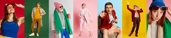 Collage of different people of various age, men and women posing over multicolored background. Stylish, emotional, happy. Concept of emotions, facial expresion, youth, lifestyle, hobby, fashion