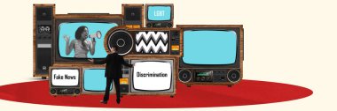 Contemporary art collage. Set of retro TV screens showing social news. Fake information. Banner. Concept of creativity, mass media influence, discrimination, lgbt, human rights, freedom. Retro design