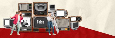 Contemporary art collage. Conceptual design. Set of retro TV and computer screens showing fake news. Journalism and propaganda. Concept of creativity, mass media influence, information. Retro design clipart