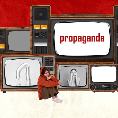 Contemporary art collage. Sad young gil sitting in front of retro TV screens talking fakes, disinformation. Concept of creativity, mass media influence, information, propaganda. Retro design clipart