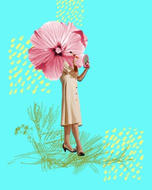 Creative colorful design. Modern artwork. Stylish woman with pink flower instead head getting ready, doing her makeup over blue background. Concept of holiday, womens day, beauty. Copy space for ad