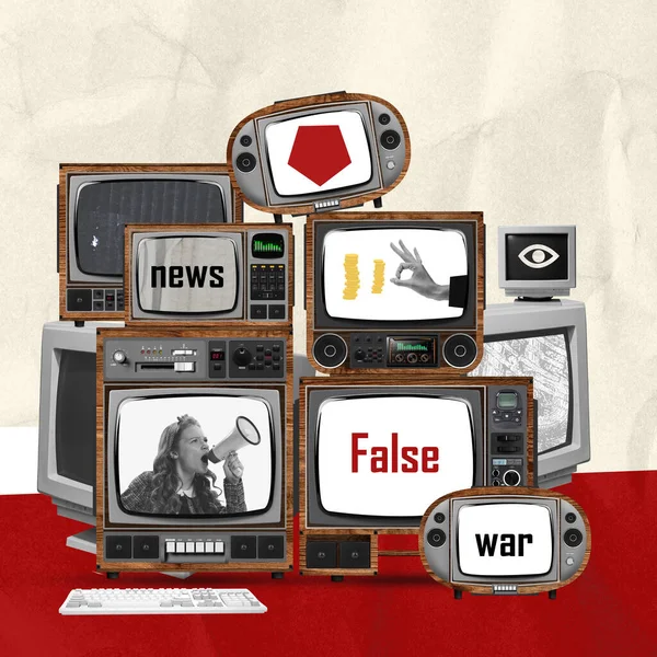 当代艺术拼贴 概念设计 一套显示战争假新闻的复古电视屏幕 宣传和虚假信息 创意的概念 大众媒体的影响 复古设计 — 图库照片
