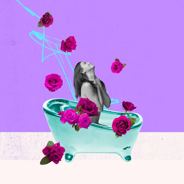 Creative colorful design. Modern art collage. Young tender woman taking bath with roses, flowers. Relaxation, comfort, pleasure. Concept of holiday, womens day, beauty. Copy space for ad
