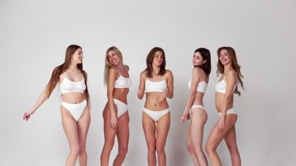 Positivity Group Young Beautiful Girls Posing Dancing White Underwear Grey — Wideo stockowe