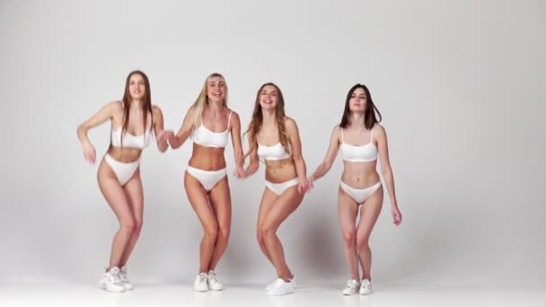 Group Young Slim Beautiful Girls Posing Jumping White Underwear Grey — Stok video