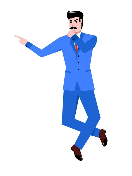 Businessman Blue Suit Standing Pointing Serious Thoughtful Look Isolated White — Vector de stock