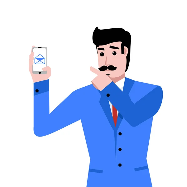 Businessman Blue Suit Showing Phone Screen Mail Icon Isolated White — Vector de stock