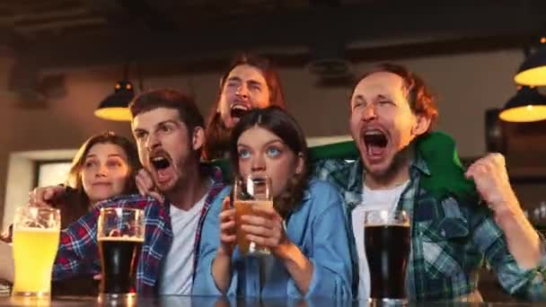 Group Emotive Young People Men Women Watching Match Pub Fans — Video