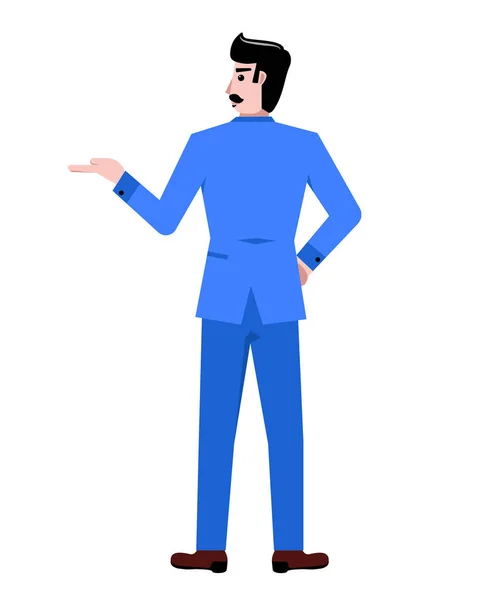 Back View Businessman Blue Suit Standing Showing Way Isolated White — Wektor stockowy