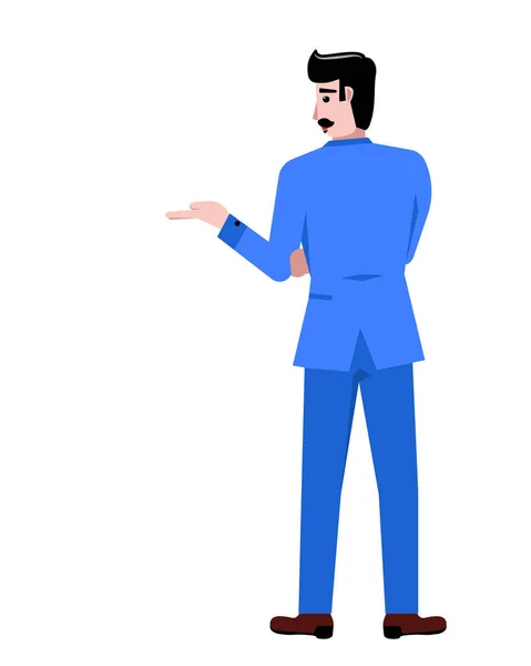 Back View Businessman Blue Suit Standing Showing Way Isolated White — Vector de stock