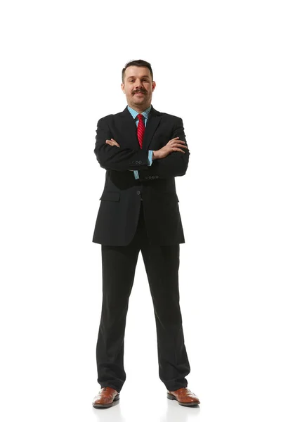 Businessman Suit Standing Positive Emotions White Studio Background Successful Deal — Stock fotografie