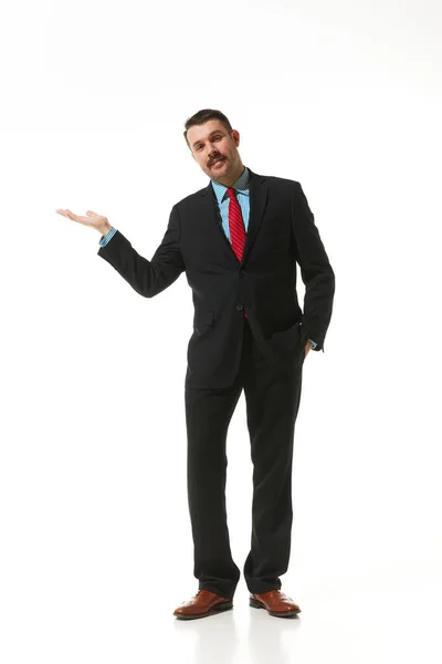 Businessman Suit Showing Gesture Hand White Studio Background Space Text — Fotografia de Stock