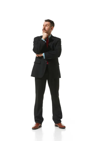 Businessman Suit Standing Thoughtful Serious Face White Studio Background Working — Fotografia de Stock
