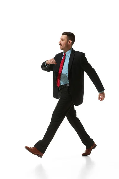 Side View Businessman Suit Positive Mood Walking Work White Studio — Fotografia de Stock