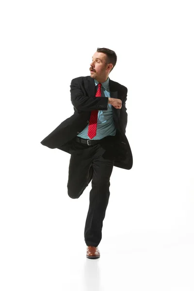 Businessman Suit Positive Mood Running Work White Studio Background Time — Fotografia de Stock