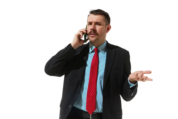 Businessman Suit Talking Phone Questioning Face White Studio Background Misunderstanding — Stockfoto