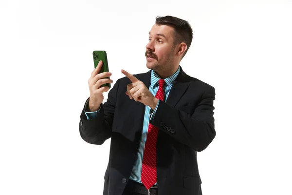 Businessman Suit Looking Phone White Studio Background Online Work Communication — Stok fotoğraf