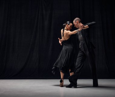 Man and woman, professional tango dancers performing in black stage costumes over black background. Elegance, romance and passion. Concept of hobby, lifestyle, action, motion, art, dance aesthetics