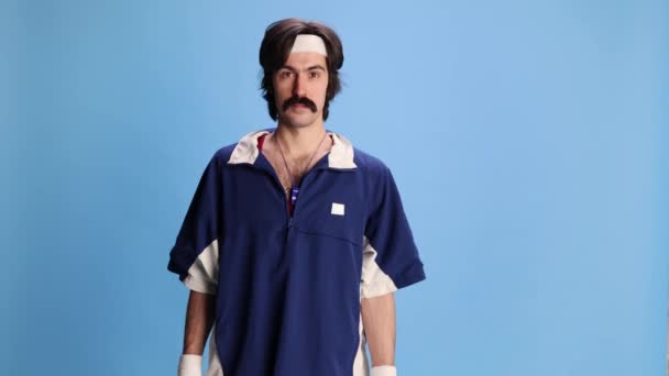 Man Moustache Trainer Coach Sport Uniform Holding Timer Blue Background — Wideo stockowe