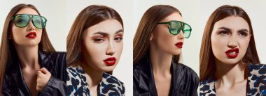 Collage. Young beutiful brunnette girl posing in posing in stylish clothes over grey studio backgorund. Concept of natural beauty, youth, fashion, cosmetology, wellness, makeup, style