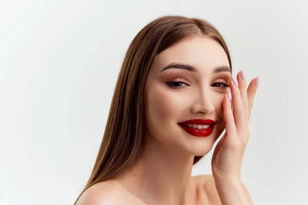 Tender Make Look Young Beautiful Brunette Girl Red Lips Makeup —  Fotos de Stock