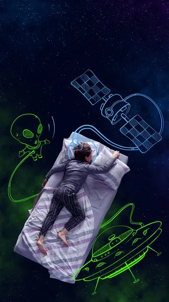 Creative design with line art. Man lying on bed, sleeping and having dream about aliens, UFO and spacecrafts over starry night background. Fantasy, artwork, creativity, imagination, relaxation.