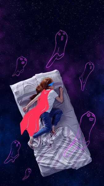 Creative Design Line Art Young Girl Sleeping Dreaming Being Superwoman —  Fotos de Stock