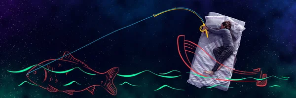 Creative design with line art. Man sleeping and dreaming about fishing over starry night background. Concept of fantasy, artwork, creativity, imagination, relaxation, vacation, hobby. Banner