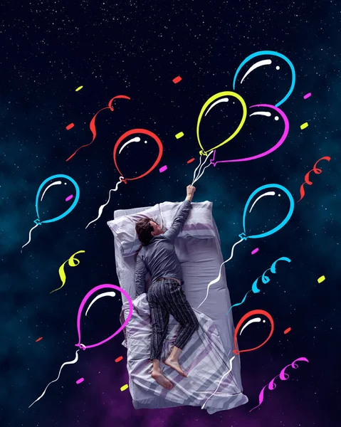 Creative design with line art. Man sleeping and having dream, holding air balloons over starry night background. Concept of fantasy, artwork, creativity, imagination, relaxation, mental health.