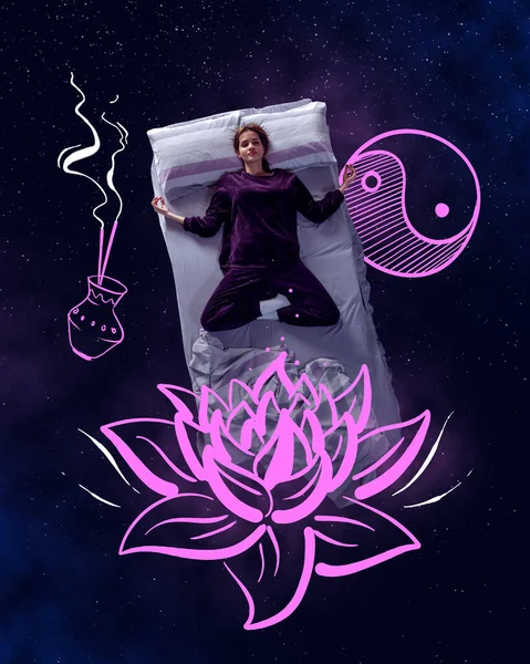 Creative design with line art. Young girl sleeping in yoga pose, dreaming in positive vibes on starry night background. Concept of fantasy, artwork, creativity, imagination, relaxation, mental health