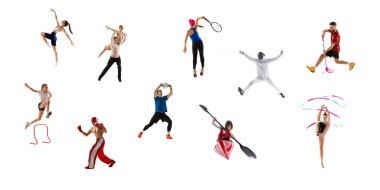 Collage. Dynamic studio shots of professional sportsmen training, doing different sports isolated over white background. Concept of motion, action, active lifestyle, achievements, challenges