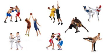 Collage. Pair sports. Dynamic studio shots of people training isolated on white background. Concept of motion, action, active lifestyle, challenges. MMA, fencing, basketball, figure skating