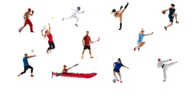 Set of people doing different kind of sports isolated over white background. Collage. Concept of motion, action, active lifestyle, achievements, challenges. Football, mma, fencing, football, rowing