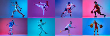 Collage. Young people, men and women doing different sports, training isolated over multicolored studio background in neon light. Concept of sport, motion, action, active lifestyle, challenges