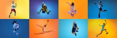 Collage. Dynamic shots of different people in a jump, training isolated over multicolored background in neon. Concept of sport, challenges, achievements. Basketball, tennis, mma, boxing, fencing