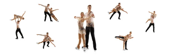 Collage Man Woman Professional Sportsmen Figure Skaters Training White Studio — Foto Stock