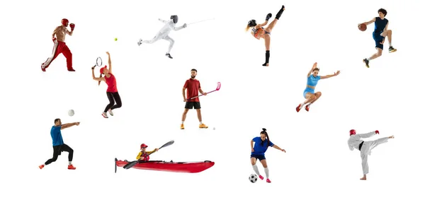 Set People Doing Different Kind Sports Isolated White Background Collage — Stok fotoğraf