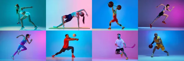 Collage Different Sportive People Professional Athletes Training Isolated Multicolored Background — Stock Photo, Image