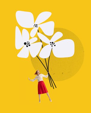 Creative colorful design. Smiling young girl in red skirt and white shirt posing with cute summer flowers over yellow background. Concept of holiday, womens day, positive mood, celebration