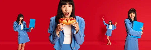 Collage. Young asian girl, student, worker in blue suit posing with laptop and food on red background. Communication. Concept of youth, occupation, fashion, lifestyle, emotions, facial expression. Ad