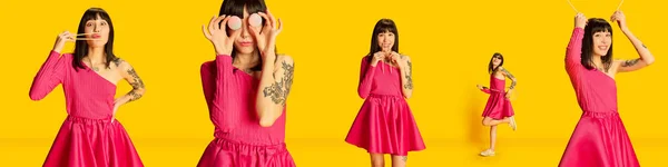 Collage. Beautiful young asian girl in bright pink dress posing, having fun isolated over bright yellow background. Concept of youth, beauty, fashion, lifestyle, emotions, facial expression. Ad