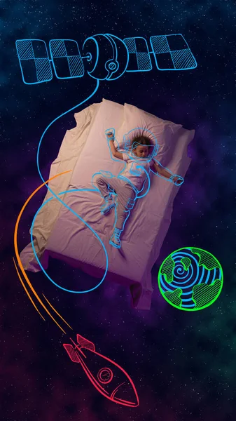 Creative design with line art on space background. Little kid, child sleeping and dreaming of being astronaut, space traveller. Fantasy, childhood, artwork, creativity, imagination, relaxation concept