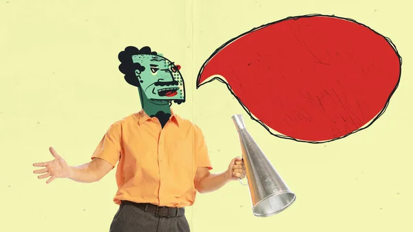 Contemporary Art Collage Creative Design Man Drawn Face Shouting Megaphone — Foto de Stock