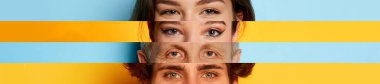 Collage. Eyes of different people, man and women placed on narrow stripes over multicolored background. Attentive emotive look. Concept of emotions, facial expression, lifestyle, diversity
