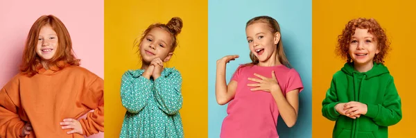 Collage Portraits Cute Little Children Girls Smiling Posing Multicolored Background — Stock fotografie