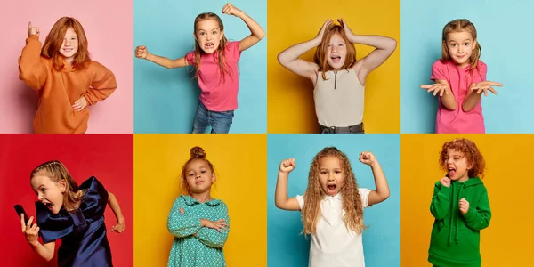 Collage Portraits Little Children Girls Showing Loud Emotions Shouting Screaming — Stock fotografie