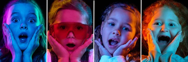 Collage. Portraits of emotional little kids, girls with shocked amazed faces posing over dark background in neon lights. Concept of emotions, facial expression, childhood, sales, game